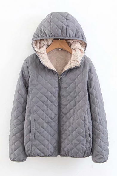 Winter Fashion Plain Sherpa Lining Zip Up Diamond Quilted Hooded Jacket Coat