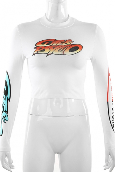 Creative WTE & PSYCHO Printed Long Sleeve Mock Neck Slimming Crop T-Shirt