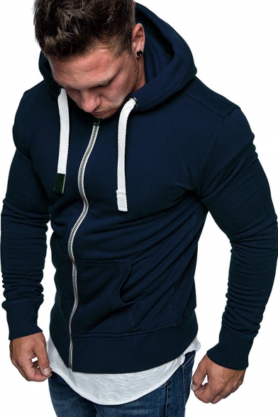 Fashion Plain Drawstring Hood Long Sleeve Zipper Fitted Hoodie with Pocket