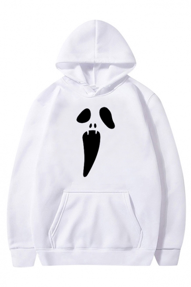 Halloween Cute Ghost Printed Long Sleeve Plain Pullover Hoodie with Pocket