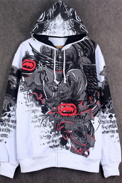 Hip Hop Style Graffiti Archive Print Long Sleeve Exaggerated Zip Up Hoodie