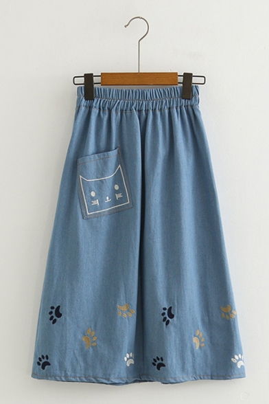 

Preppy Cute Embroidered Cat Claw Printed Denim A-Line Midi Skirt with Pocket, LC566766, Dark blue;light blue