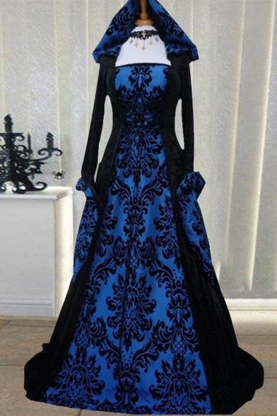 Renaissance Gothic Vintage Floral Print Gathered Waist Halloween Costume Dress