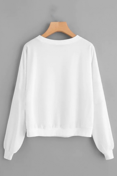 Stylish Cat Print Round Neck Long Sleeve Casual Loose Plain Pullover Sweatshirt