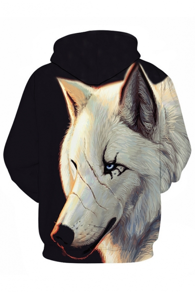 3D Wolf Pattern Long Sleeve Black and White Pullover Hoodie