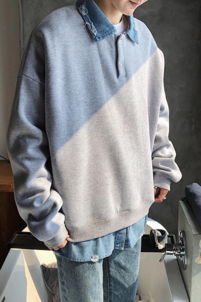 Chic Denim Patched Lapel Collar Button Front Long Sleeve Unisex Loose Fit Pullover Sweatshirt