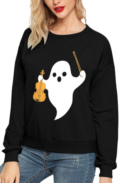 Cute Ghost Violin Printed Round Neck Long Sleeve Solid Color Pullover Sweatshirt