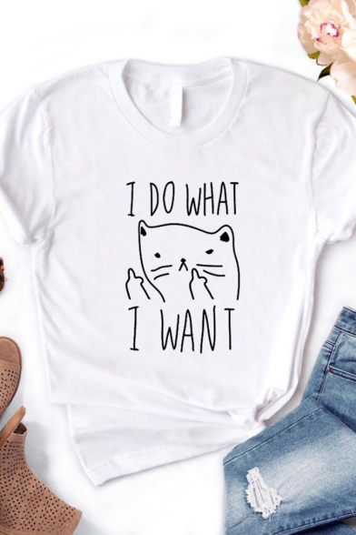Hip-hop Cat Pattern I DO WHAT I WANT Printed Round Neck Loose Relaxed Tee Top