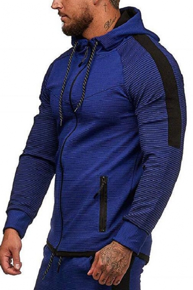 Colorblocked Stripe Panelled Slim Fit Zipper Sport Hoodie