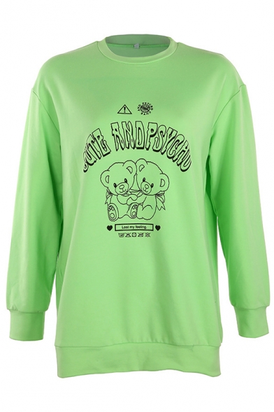 Letter CUTE AND PSYCHO Bear Pattern Long Sleeve Loose Relaxed Green Pullover Sweatshirt