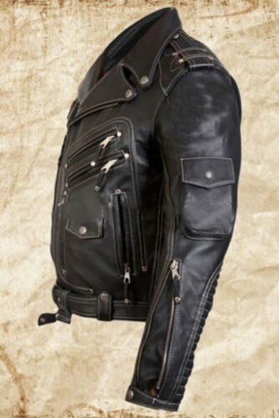 Men Retro Notched Lapel Studded Zipper Embellished Black PU Leather Short Jacket Coat