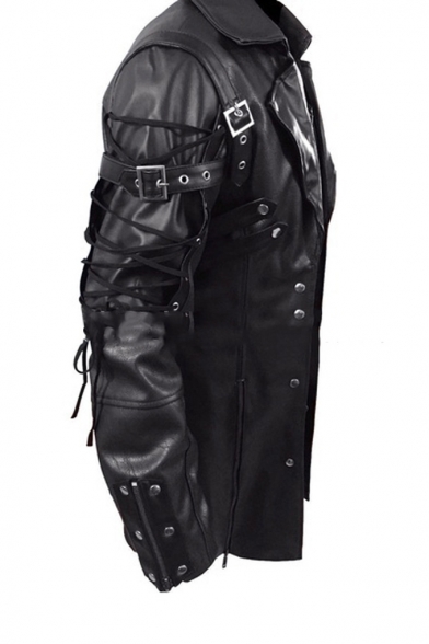 Mens Fashion Colorblocked Lace Up Side Long Sleeve Zipper PU Leather Biker Jacket