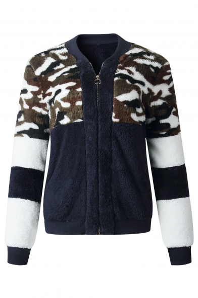 New Fashion Camouflage Print Long Sleeve Color Block Warm Fluffy Teddy Zip Up Sweatshirt