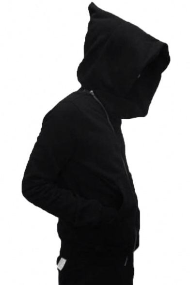 Plain Long Sleeve Oblique Zipper Unisex Hoodie with Pocket