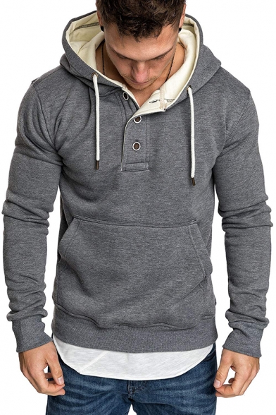 Solid Color Button Fly Front Contrast Hood Long Sleeve Slim Fit Hoodie