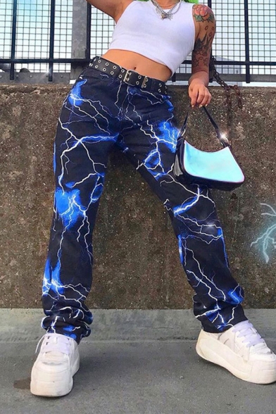 Street Style Lightning Printed Wide Leg Trousers Casual Straight Pants for Women