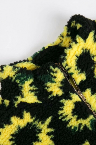 Sunflower Printed Stand Collar Half Zip Drawstring Hem Cropped Fluff Teddy Sweatshirt
