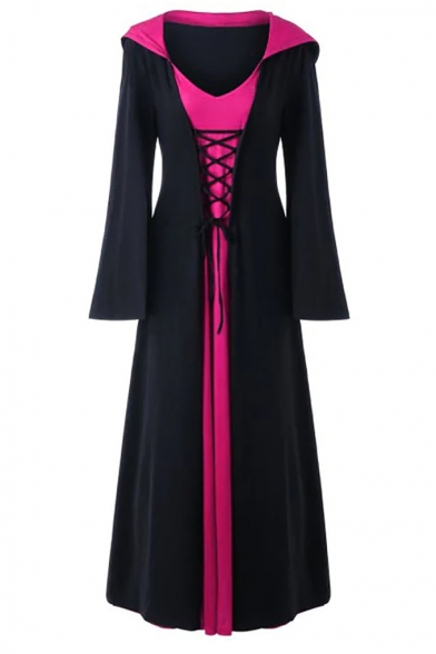 Women's Color Block Lace Up Patchwork Long Sleeve Hooded Maxi Halloween Robe Dress