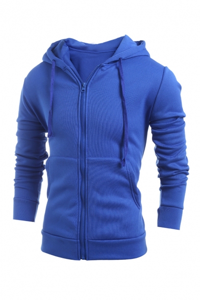 Blue Long Sleeve Zip Up Basic Drawstring Hoodie with Pocket