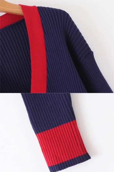 Fashionable Colorblocked V-Neck Single Button Long Sleeve Cropped Cardigan Coat