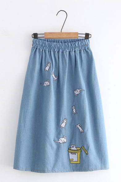 Lovely Cats Embroidery Elastic Waist Denim Midi A-Line Skirt
