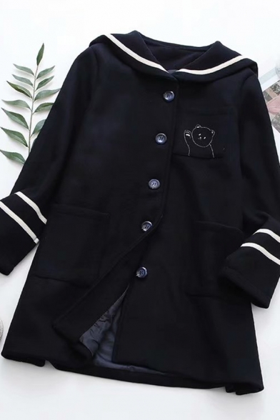 Navy Collar Cartoon Bear Stripe Printed Single Breasted Longline Woollen Coat Jacket