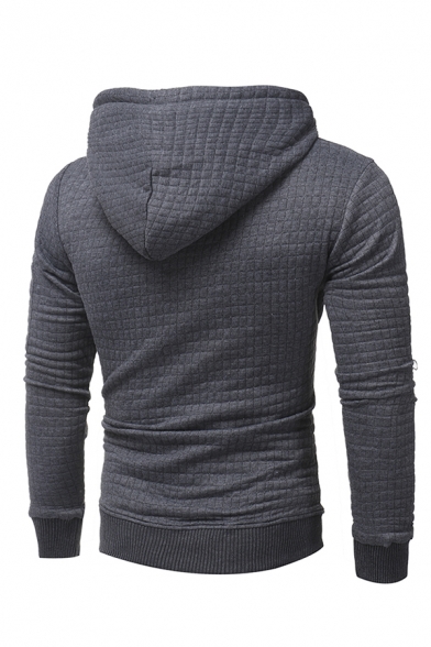 Simple Autumn Plaid Embossed Zipper Embellished Long Sleeve Casual Hooded Sweatshirt Top