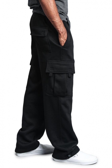 Simple Plain Drawstring Waist Flap Pocket Straight Leg Cargo Pants