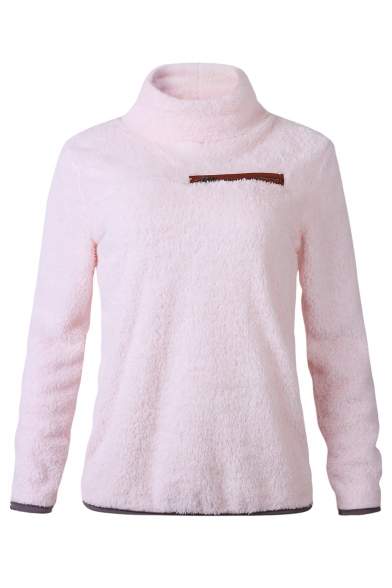 Simple Plain Zippered Front High Neck Long Sleeves Fluffy Teddy Pullover Sweatshirt