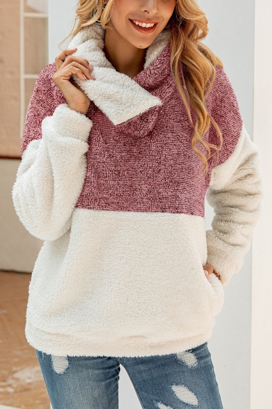 Unique Stylish Sloping Half-Zip Front Long Sleeve Color Block Warm Fluffy Hoodie