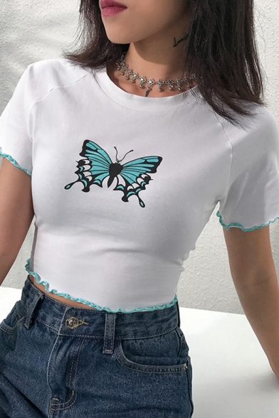 Womens Fashion Butterfly Print Short Sleeve Contrast Trim Slim Fit Cropped T-Shirt