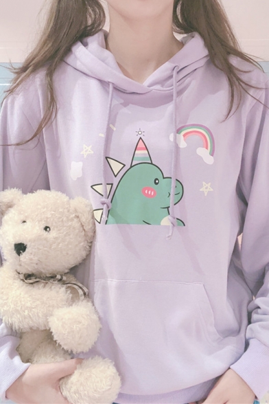Cartoon Rainbow Animal Painted Solid Color Drawstring Hood Loose Relaxed Hoodie with Pocket
