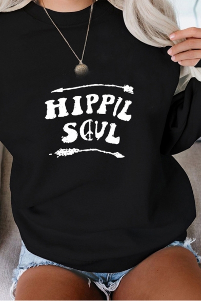 Chic Arrow Pattern HIPPIE SOUL Letter Print Long Sleeve Oversized Pullover Sweatshirt