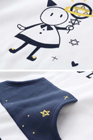 Funny Embroidery Character Star Color-Block Pocket Long Sleeve Loose Hoodie