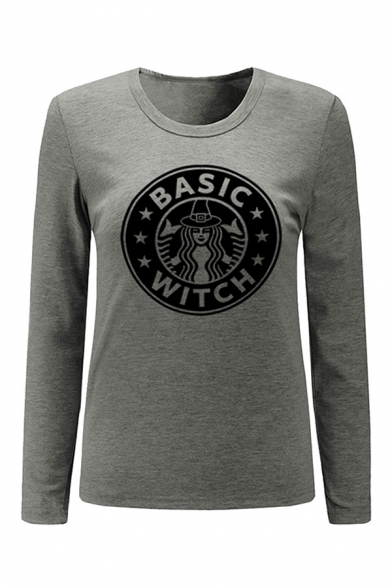 Girl BASIC WITCH Logo Printed Long Sleeve Round Neck Gray Fitted T-Shirt