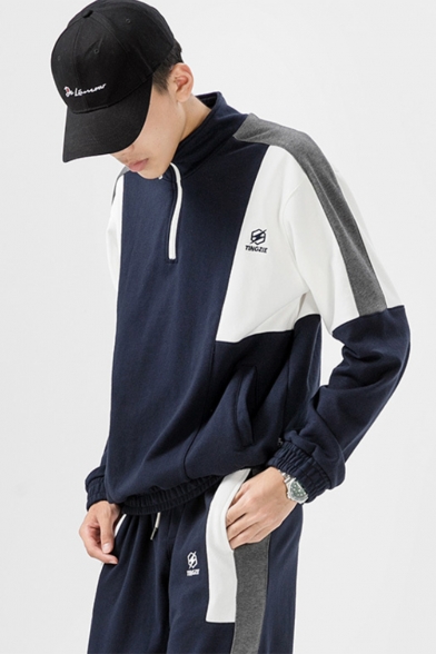 Guys New Trendy Colorblock Print Stand Collar Long Sleeve Running Pullover Sweatshirt