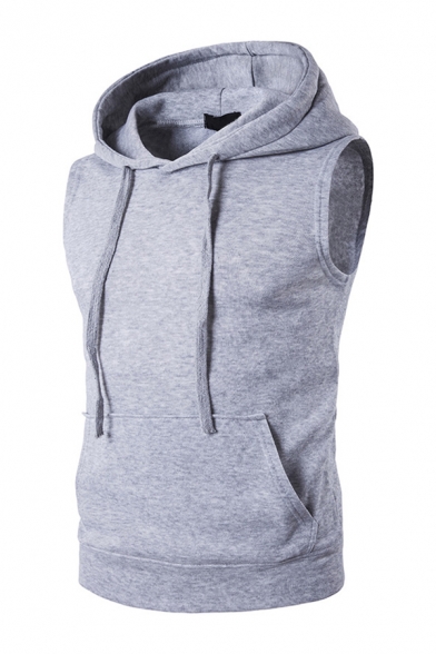 Mens Plain Casual Hooded Tank Top Drawstring Hoodie with Pocket
