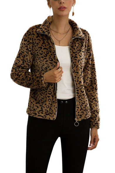 New Fashion Leopard Pattern Long Sleeve Teddy Zip Up Sweatshirt