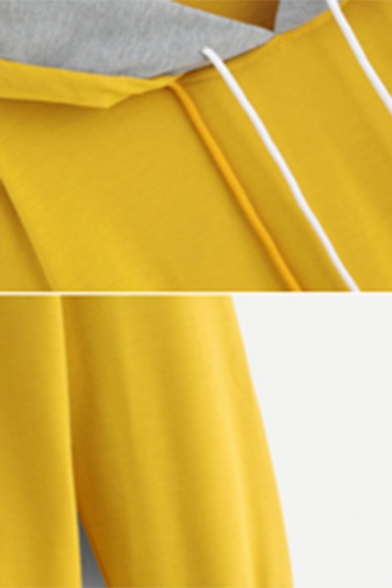 New Trendy Contrast Panel Hood Yellow Long Sleeve Drawstring Hoodie