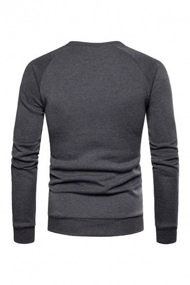 Solid Color Letter Zipper Embellished Long Sleeve Round Neck Pullover Sweatshirt
