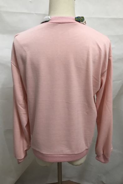 Women Fashion Bow-Tie Round Neck Long Sleeve Pink Pullover Sweatshirt