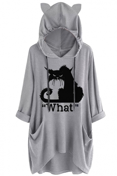 Women Casual Hooded Long Sleeves Cat Ear Print Pocket Shirt Irregular Top Blouse