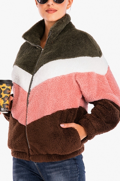 Womens Winter Warm Color Block Long Sleeve Pocket Faux Fur Teddy Zip Up Hoodie