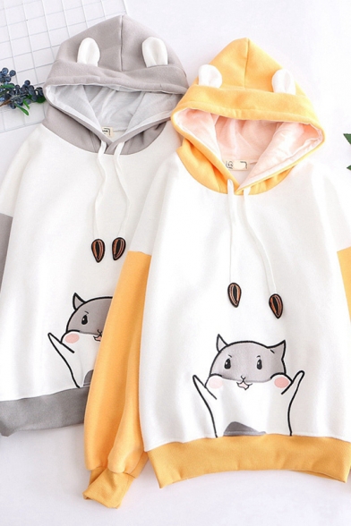 Cute Cat Printed Contrast Color Panel Long Sleeve Cat Ear Hoodie for Girl