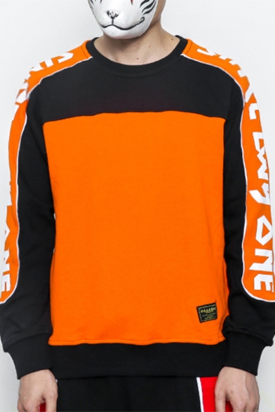 Hot Fashion Letter Print Colorblock Round Neck Long Sleeve Orange Pullover Sweatshirt