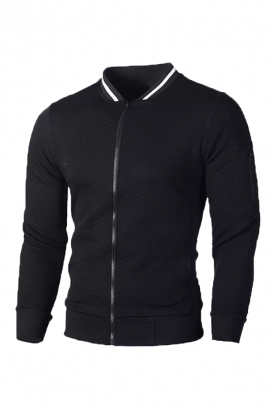 Men Fashion Stand Collar Plaid Embossing Zipper Slim Fit Sweatshirt