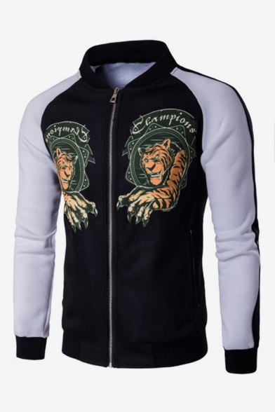 Men's New Trendy Vintage Tiger Print Long Sleeve Stand Collared Casual Black Sweatshirt Baseball Jacket