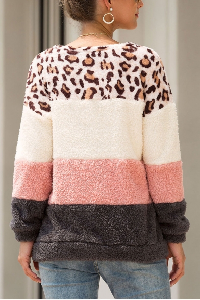 New Stylish Leopard Print Color Block Round Neck Long Sleeves Loose Fluffy Teddy Pullover Sweatshirt