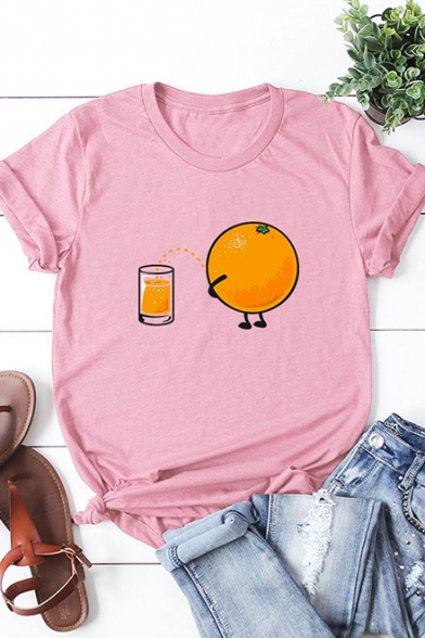 Orange Pattern Printed Short Sleeve Round Neck Loose Casual T-Shirt Top
