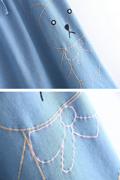 Simple Elastic Tied Waist Bear Embroidery Printed Faded Wash Denim Mid-Length Skirt